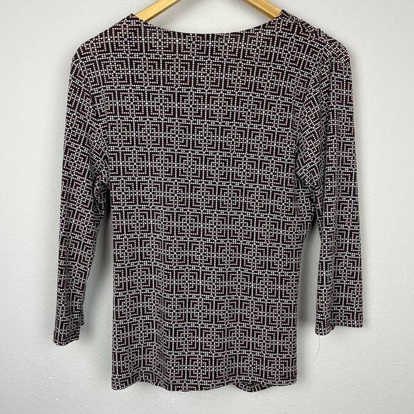 AB Studio Y2K Geometric Print Top Size L Brown 3/4 Sleeve Stretch Made in USA - Picture 3 of 6
